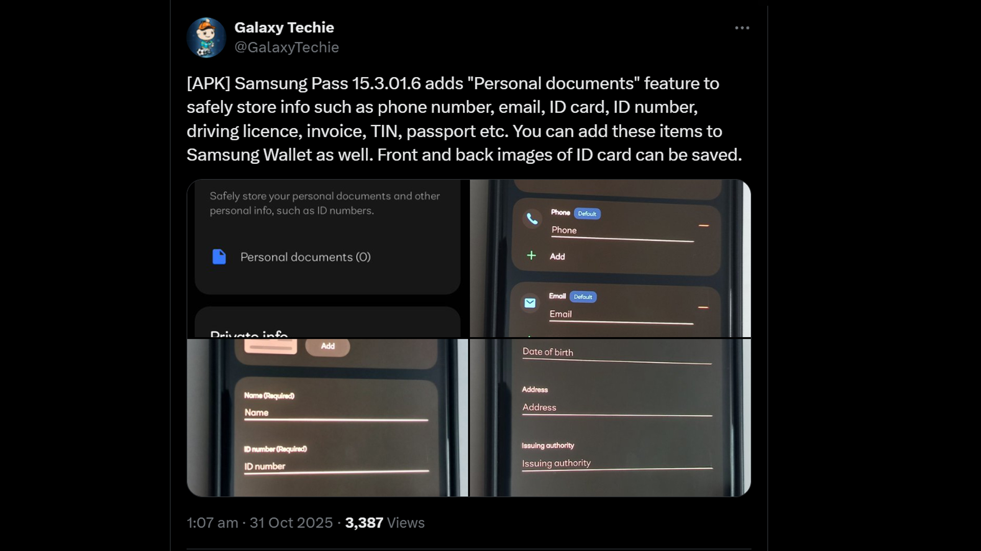Επιλογές επισήμανσης Samsung Pass X Post για προσθήκη ευαίσθητων εγγράφων