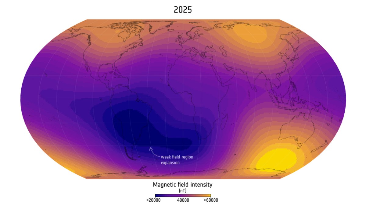 Η Ανωμαλία Νοτίου Ατλαντικού το 2025 (ESA / Finlay, C.C. et al., 2025)