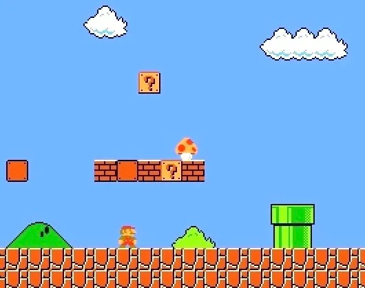 Ο μικρός Mario αποκαλύπτει το πρώτο σούπερ μανιτάρι power-up στον κόσμο 1-1 in Super Mario Bros. Στιγμιότυπο οθόνης: supermarioplay.com.