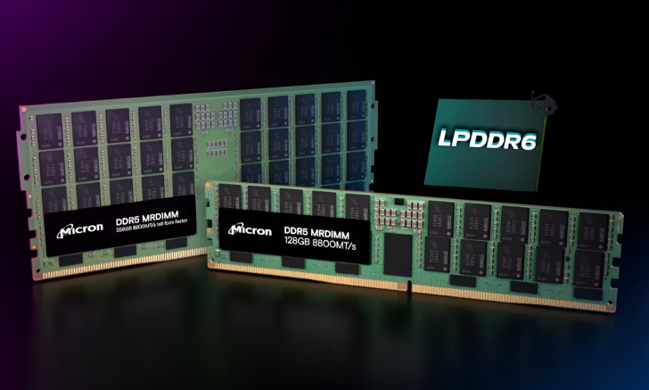 Micron DDR5 MRDIMM με ετικέτες 256GB 8800MT/s 1U παράγοντας μορφής και 128GB 8800MT/s που εμφανίζονται σε φόντο LPDDR6.