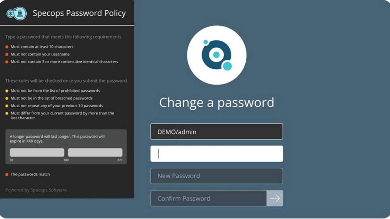 Η πολιτική κωδικών πρόσβασης Specops παρέχει άμεση ανατροφοδότηση κωδικού πρόσβασης και αποκλείει τη χρήση παραβιασμένων ή μη συμβατών κωδικών πρόσβασης.