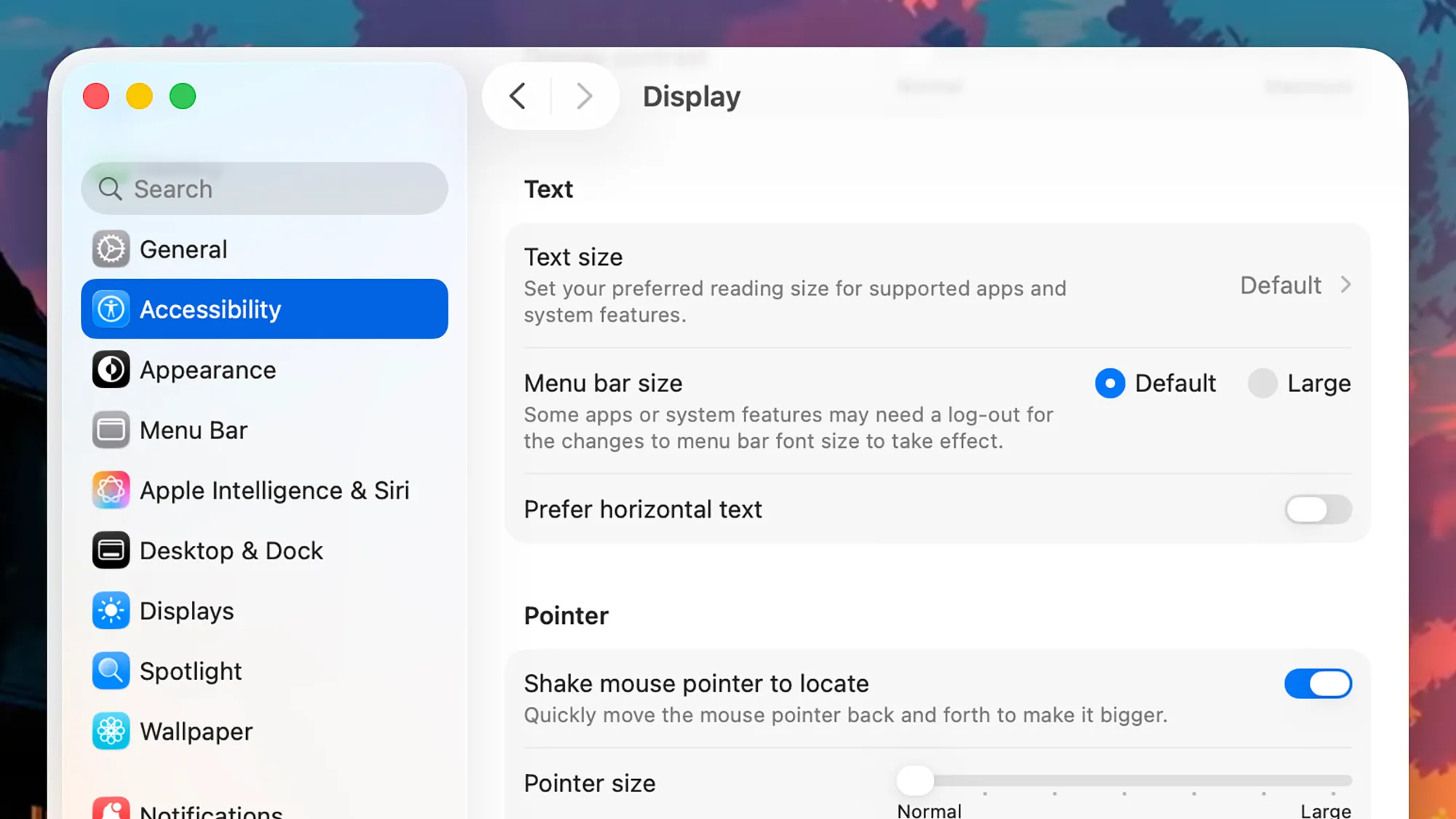 στιγμιότυπο οθόνης του μενού μεγέθους κειμένου στη συσκευή Apple