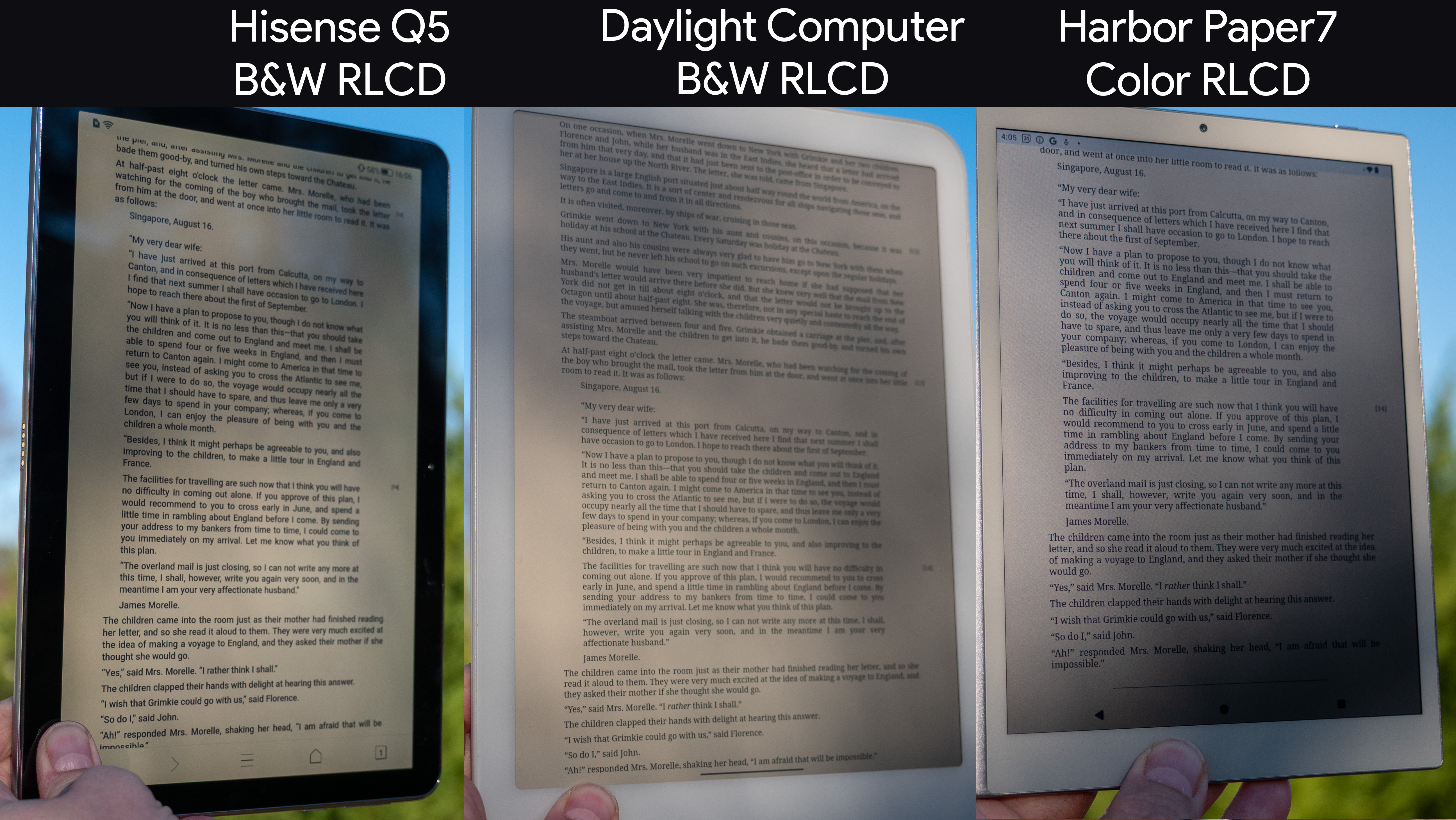 Σύγκριση της ορατότητας των tablet RLCD στο φως της ημέρας από διαφορετικές γωνίες μεταξύ του Hisense Q5, του Daylight Computer και του Harbour Paper 7