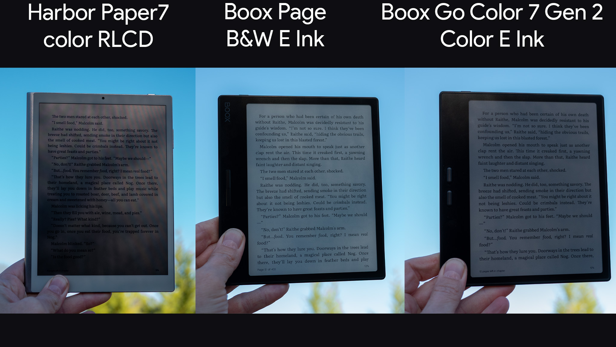 Σύγκριση έγχρωμου RLCD, έγχρωμου μελανιού E και ασπρόμαυρης μελάνης E σε χαρτί Harbor 7, σελίδα Onyx Boox και Onyx Boox Go Color 7 Gen 2