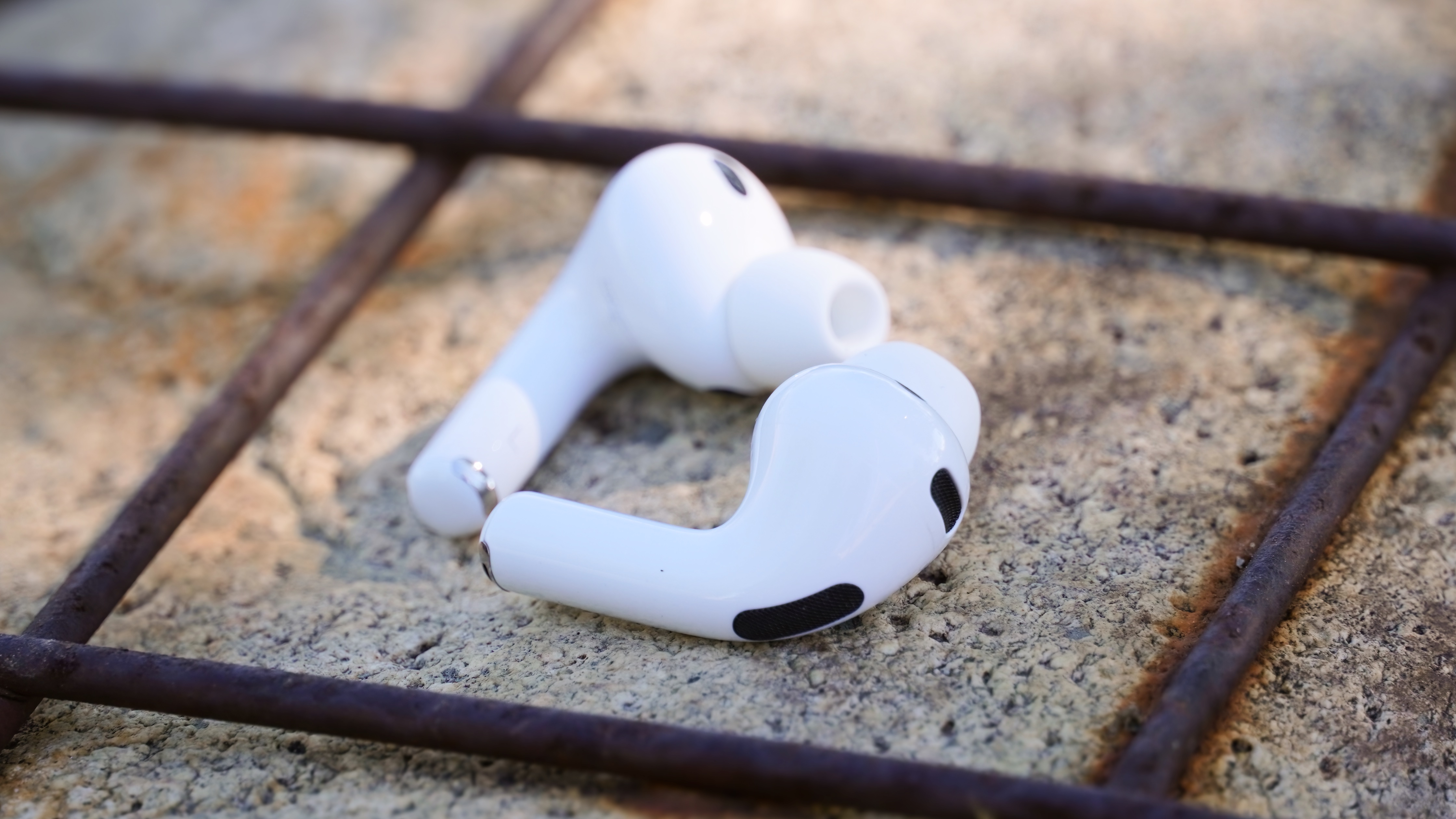 The AirPods Pro 3 with their charging case at a park.