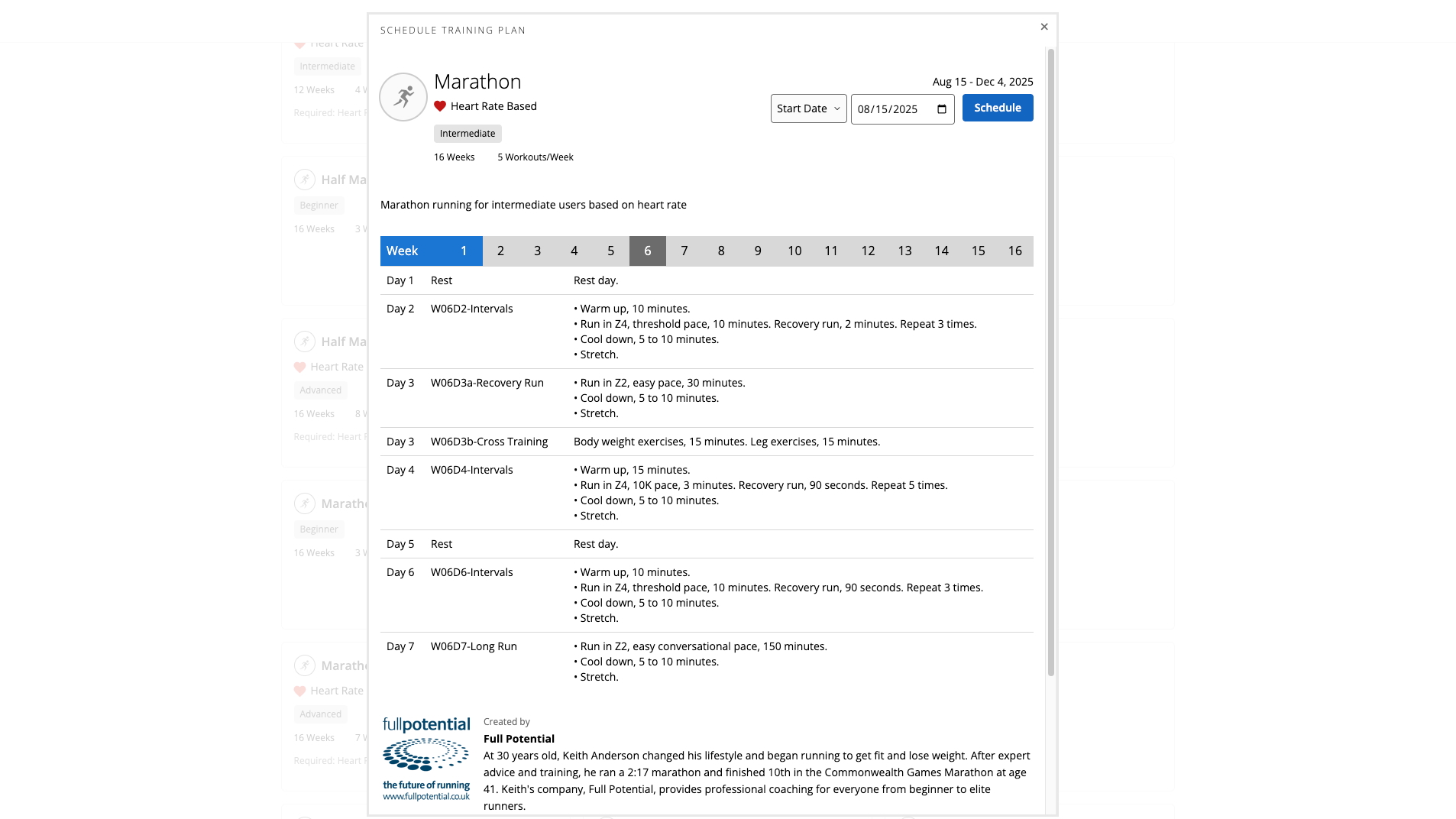 Το πλάνο προπόνησης του ενδιάμεσου μαραθωνίου Garmin Connect, που υπογραμμίζει μια συγκεκριμένη εβδομάδα προπονητικών δρομολογίων: Διαλείμματα, αποθεραπεία, cross-training, διαλείμματα και μακροχρόνιο τρέξιμο.