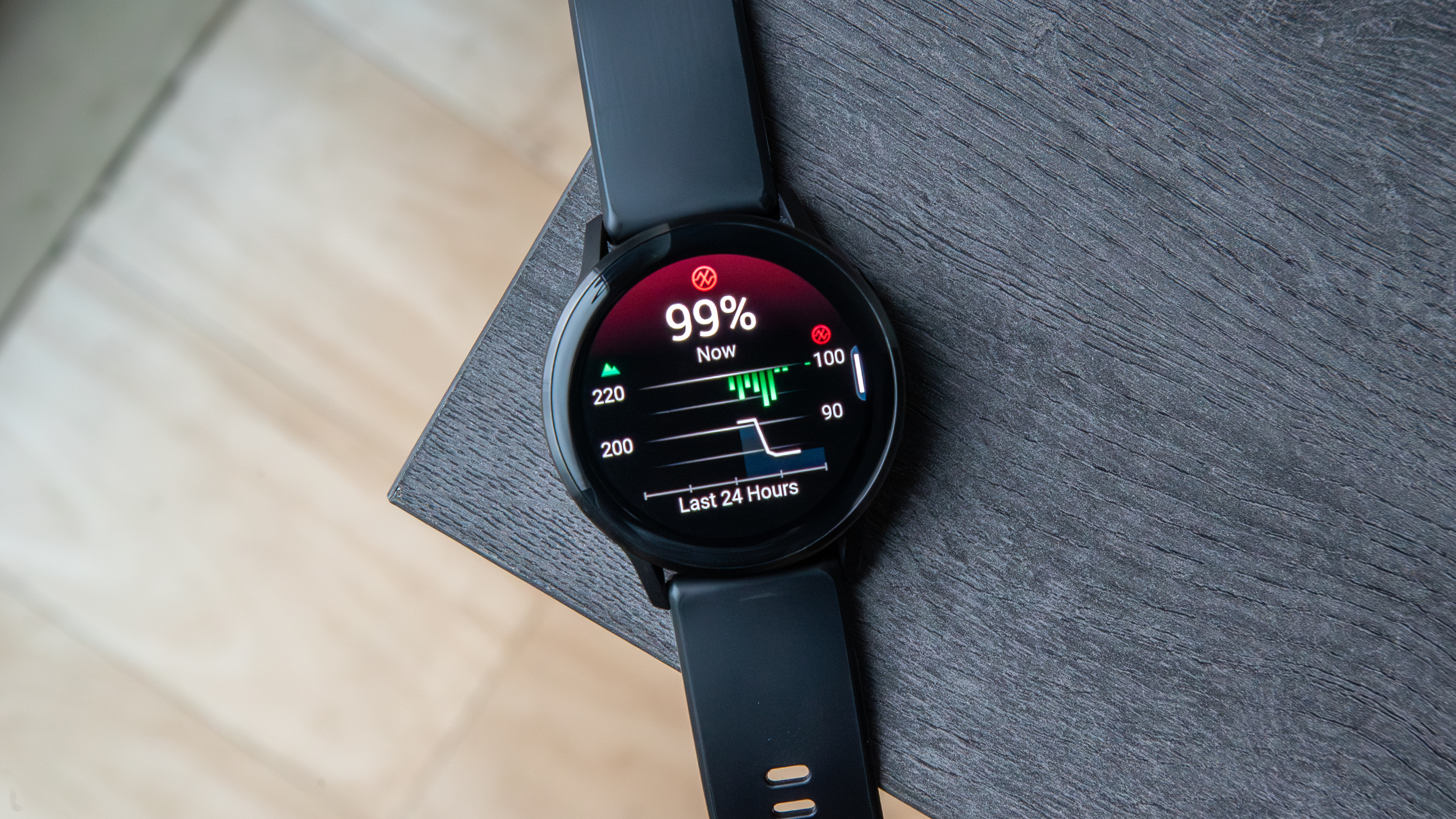 A blood oxygen reading on the Garmin Venu 4 showing a 99% reading Now and a graph of past readings.