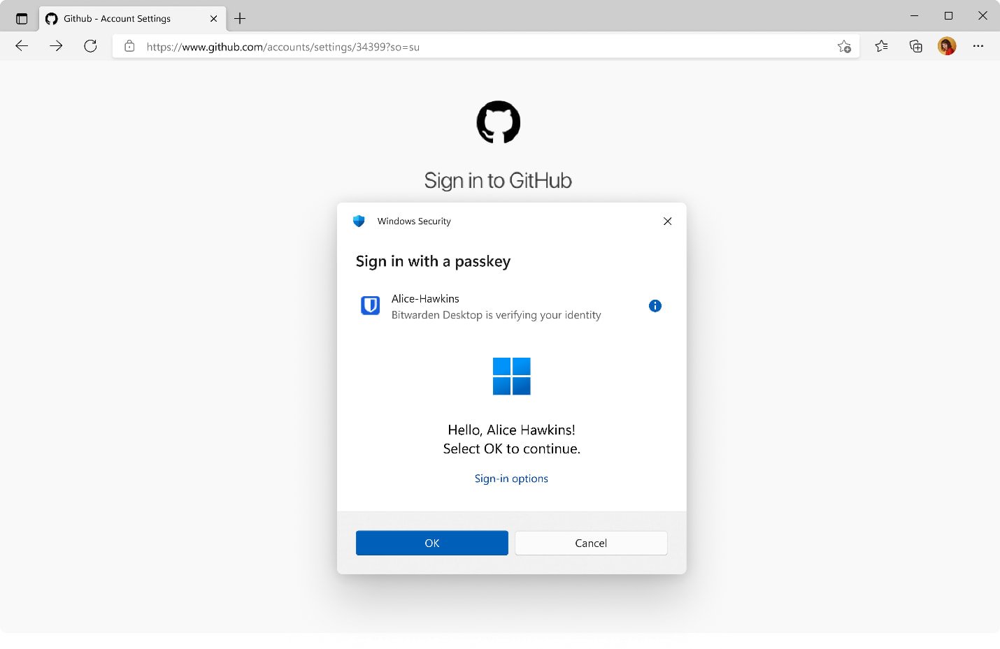Bitwarden login με κωδικό πρόσβασης ενσωμάτωση των Windows