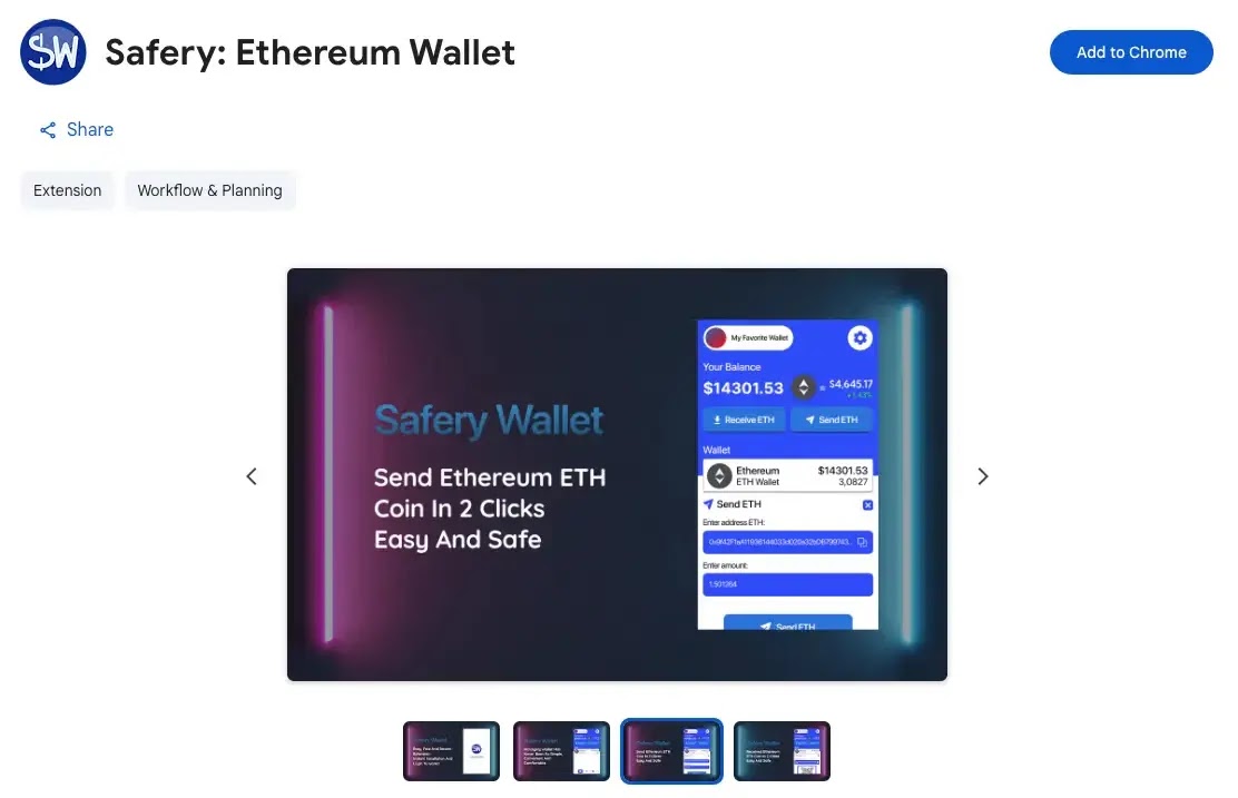 Το Ethereum Wallet εμπορεύεται την επέκταση ως ένα απλό, ασφαλές πορτοφόλι ETH (Πηγή - Socket.dev)
