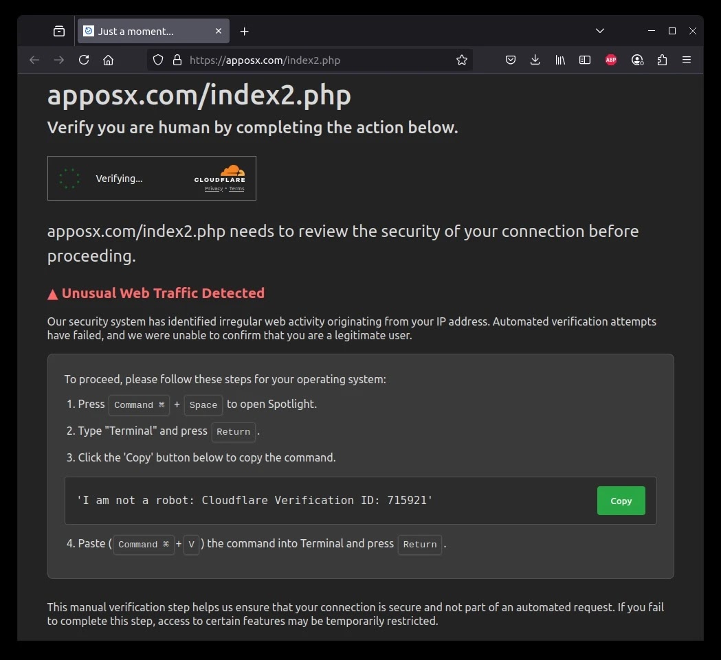 Ψεύτικος έλεγχος ασφαλείας Cloudflare που προτρέπει τους χρήστες να εκτελέσουν μια εντολή ClickFix (Πηγή - Intel471)
