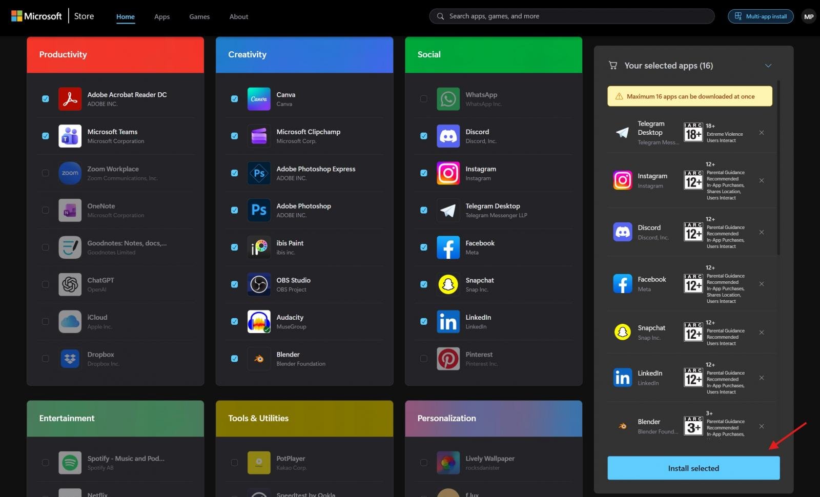Σελίδα εγκατάστασης πολλών εφαρμογών