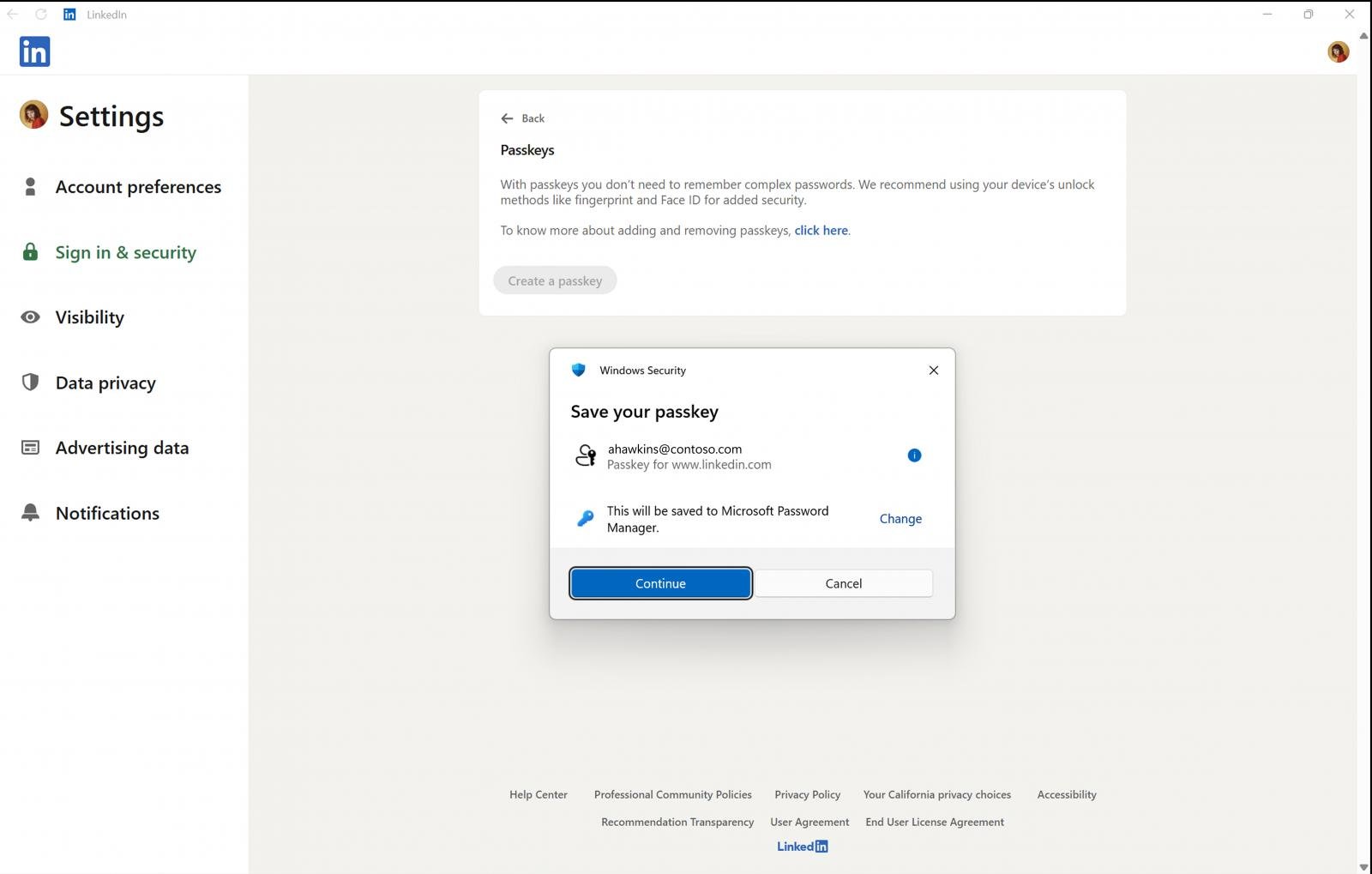 Το κλειδί πρόσβασης LinkedIn αποθηκεύτηκε στο Microsoft Password Manager