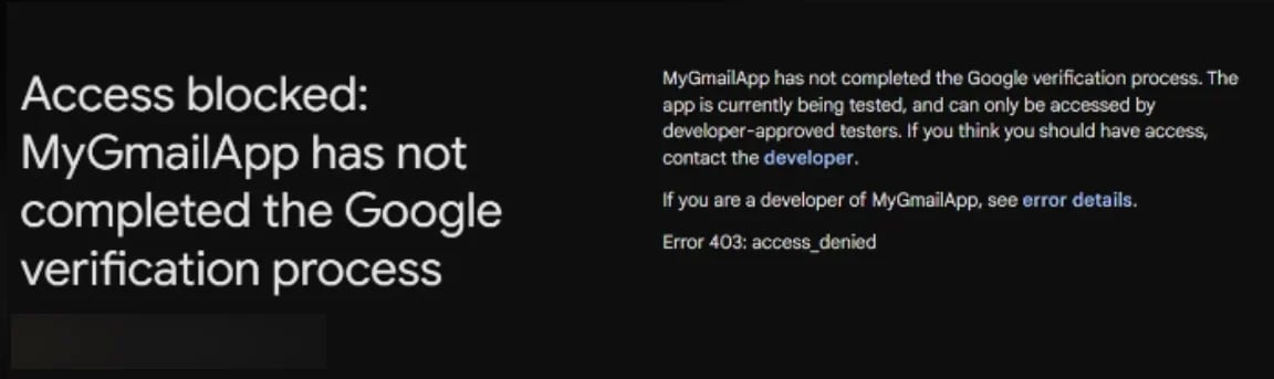 Figure 13: the error message when trying to install an unverified Google OAuth 2.0 application
