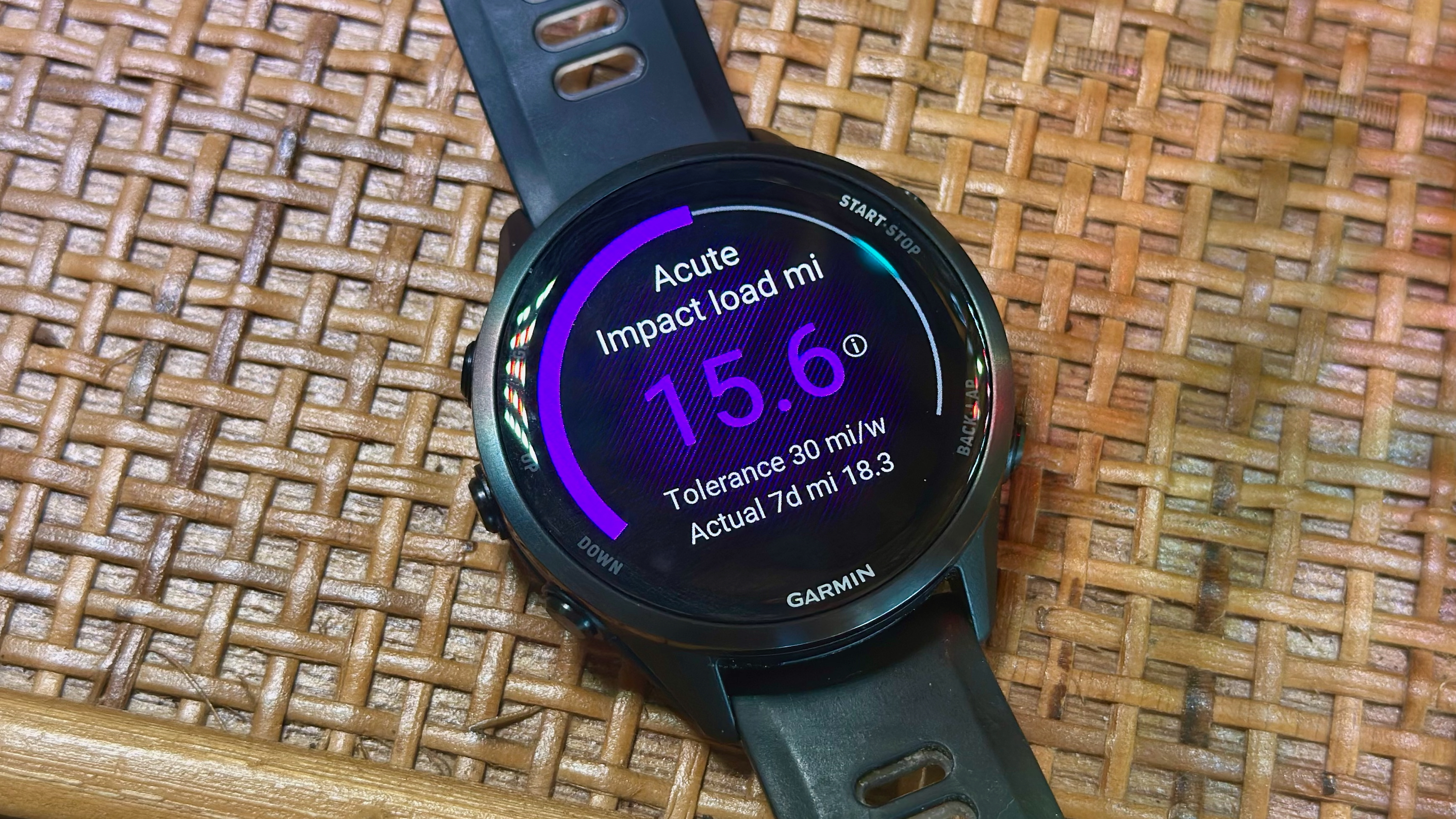 Το γραφικό στοιχείο Acute Impact Load Miles στο Garmin Forerunner 970, που δείχνει την ανοχή του δρομέα στα μίλια/εβδομάδα και την πραγματική χιλιομετρική απόσταση 7 ημερών.