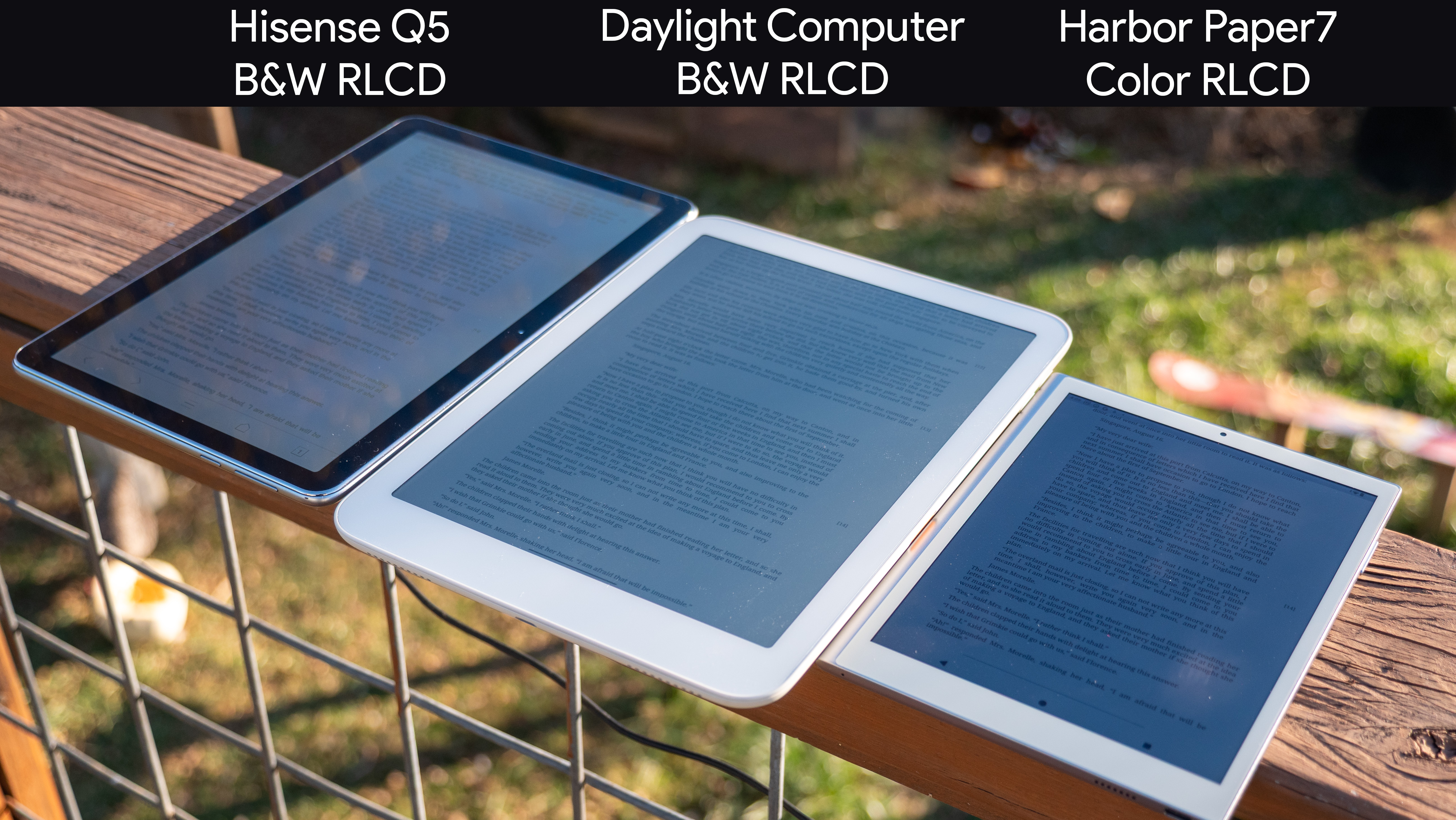 Σύγκριση της ορατότητας των tablet RLCD στο φως της ημέρας από διαφορετικές γωνίες μεταξύ του Hisense Q5, του Daylight Computer και του Harbour Paper 7