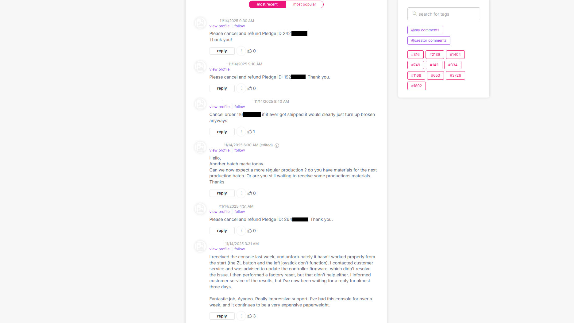 Ενότητα σχολίων στη σελίδα καμπάνιας AYANEO Pocket DS Indiegogo