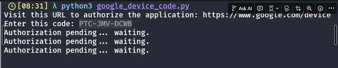 Figure 14: the output of running the Google Cloud device code phish script