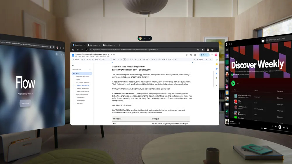 Τρία αιωρούμενα παράθυρα σε περιβάλλον μικτής πραγματικότητας Android XR με το Chrome στη μέση