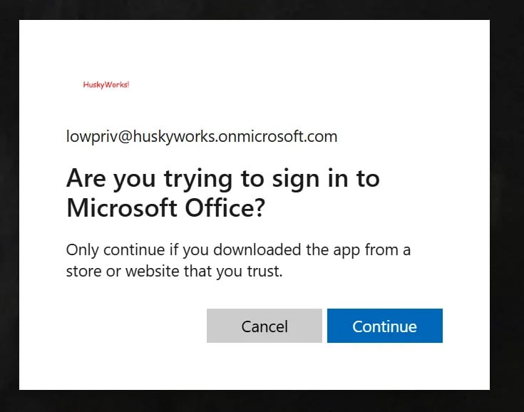 Figure 8: Prompt asking for intent to sign in to Microsoft Office