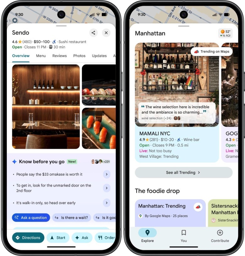 Νέες λειτουργίες των Χαρτών Google που υποστηρίζονται από Gemini: Συμβουλές και καρτέλα Εξερεύνηση.