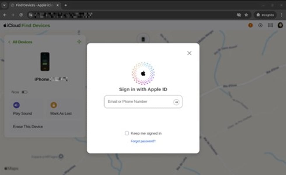 Σελίδα phishing που υποδύεται τον ιστότοπο Find My της Apple