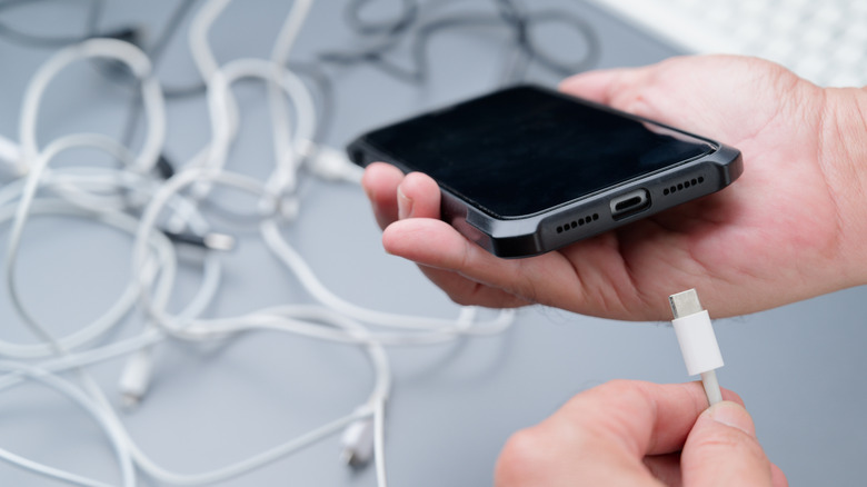 άτομο που κρατά smartphone με καλώδιο usb από κάτω, καλώδια πίσω