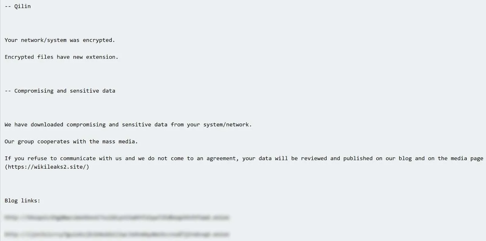 Εικόνα 4: Απόσπασμα σημειώματος λύτρων Qilin