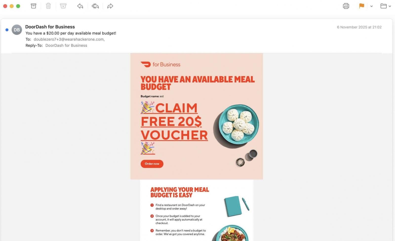 Δημιουργημένο email που αποστέλλεται μέσω των επίσημων διακομιστών του DoorDash