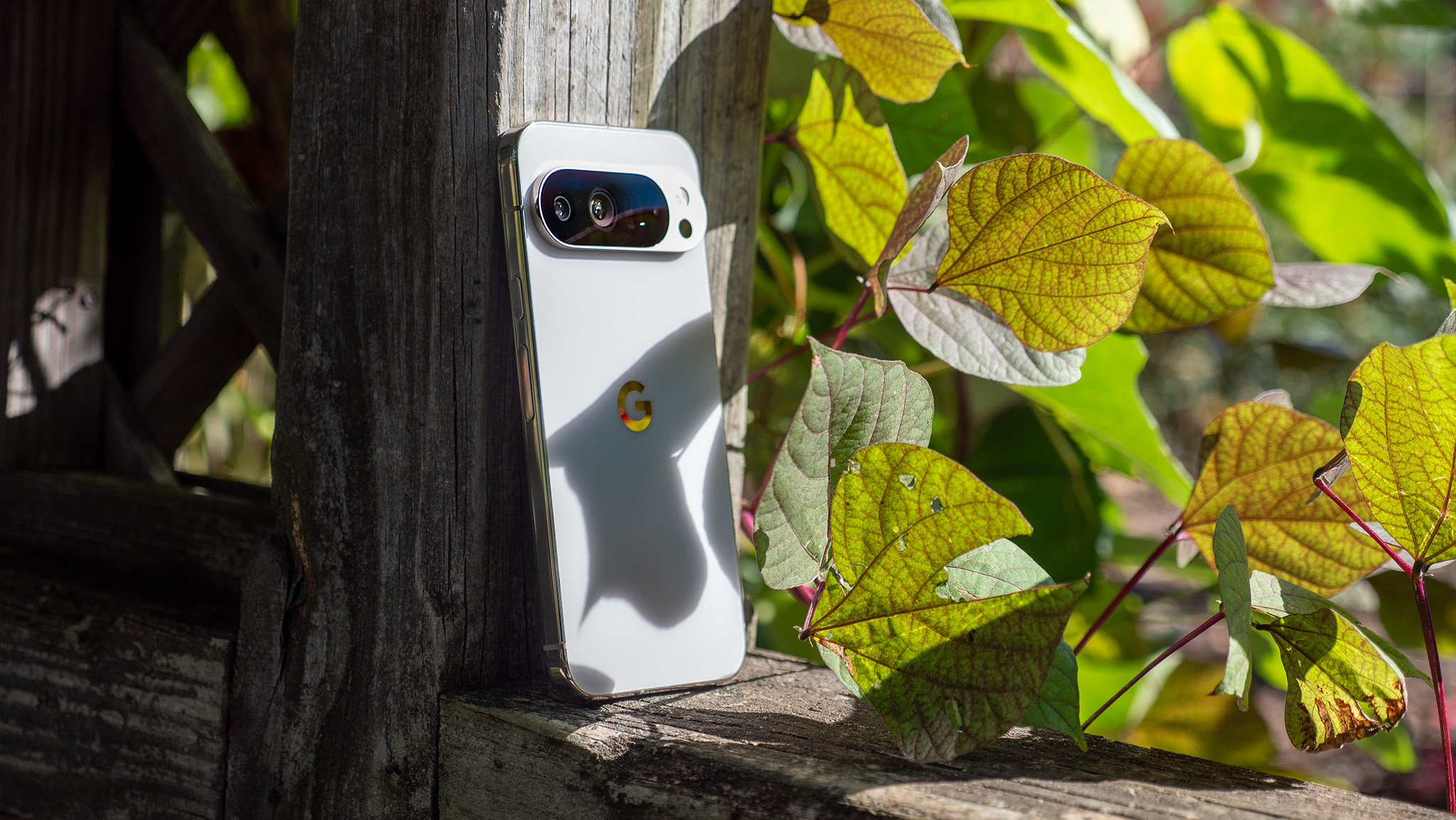 Ένα λευκό Google Pixel 10 Pro XL που απολαμβάνει το φως του ήλιου