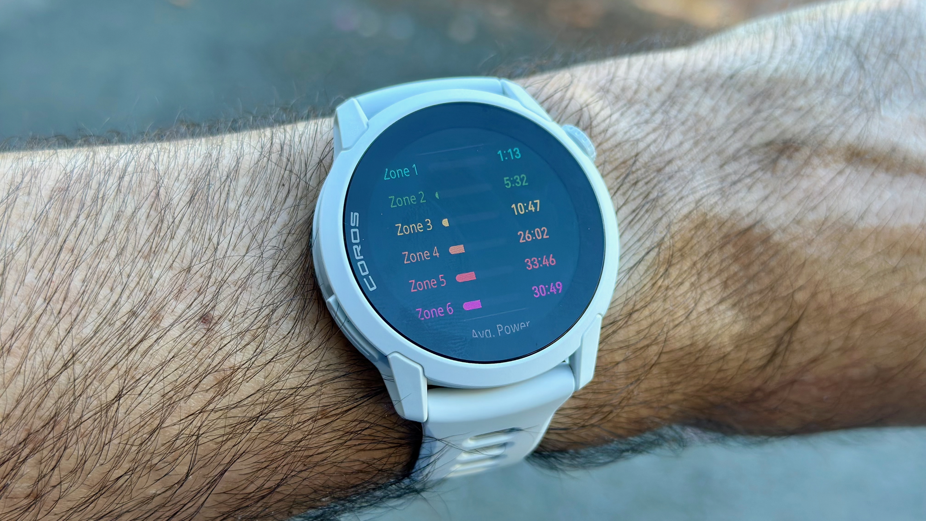 Μια φωτογραφία του COROS PACE 4 σε έναν καρπό που δείχνει την ανάλυση HR για μια δραστηριότητα τρεξίματος σε έξι ζώνες HR.