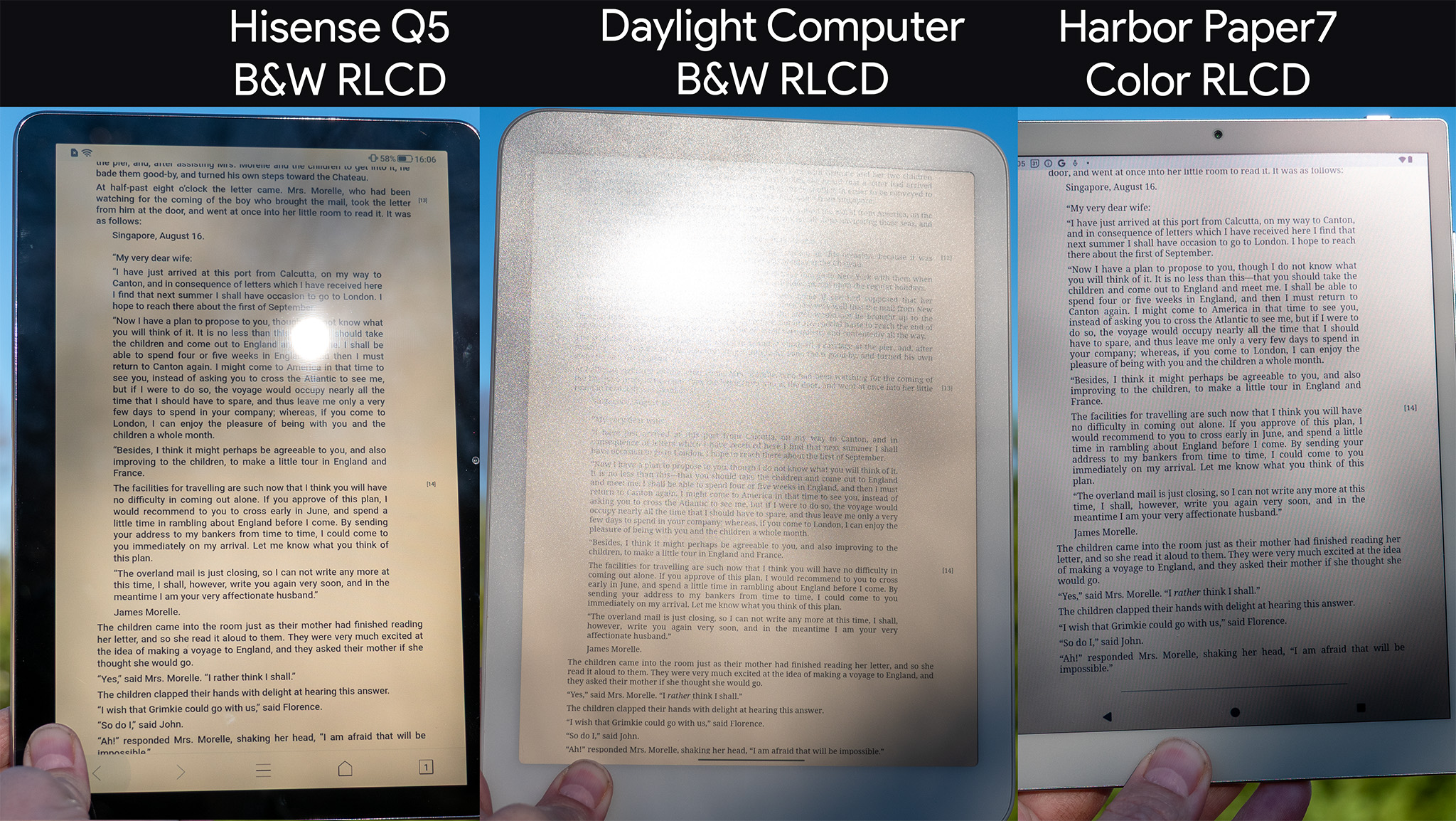 Σύγκριση της ορατότητας των tablet RLCD στο φως της ημέρας από διαφορετικές γωνίες μεταξύ του Hisense Q5, του Daylight Computer και του Harbour Paper 7