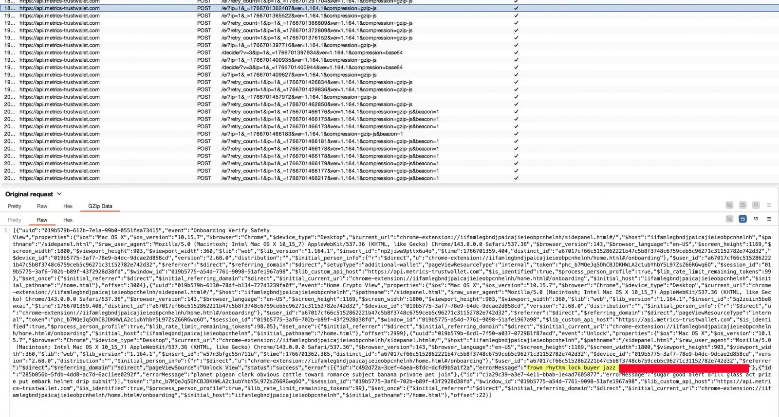 Η επιθεώρηση αιτήματος δικτύου δείχνει τη διήθηση φράσης σπόρου πορτοφολιού