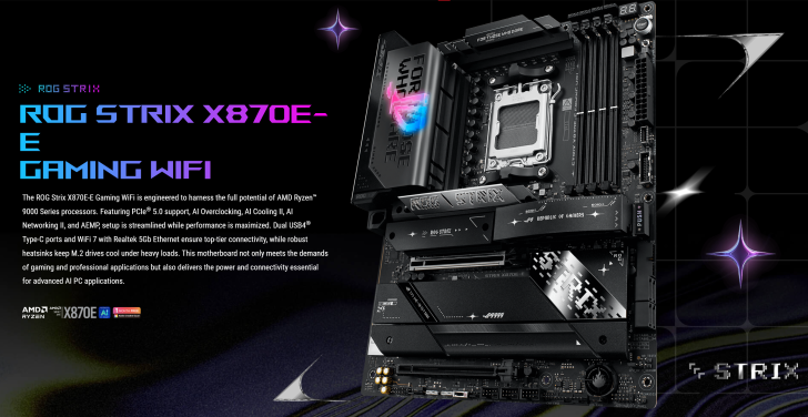 The ASUS ROG Strix X870E-E Gaming WiFi motherboard is showcased with visible branding and features including PCIe 5.0 support and WiFi 7.