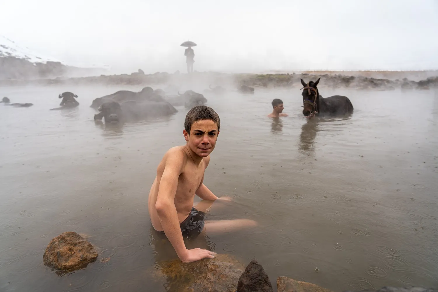 παιδιά στη βροχή στο νερό με άλογα και αγελάδες
