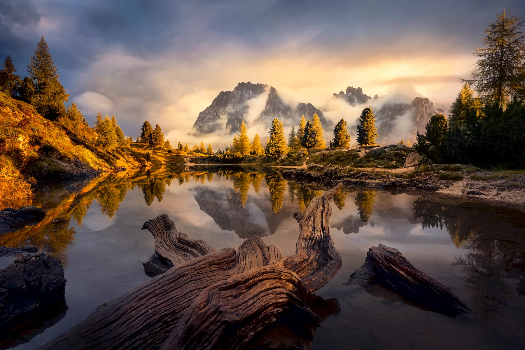 ομιχλώδης λίμνη με βουνά και λίμνη και αειθαλή δέντρα