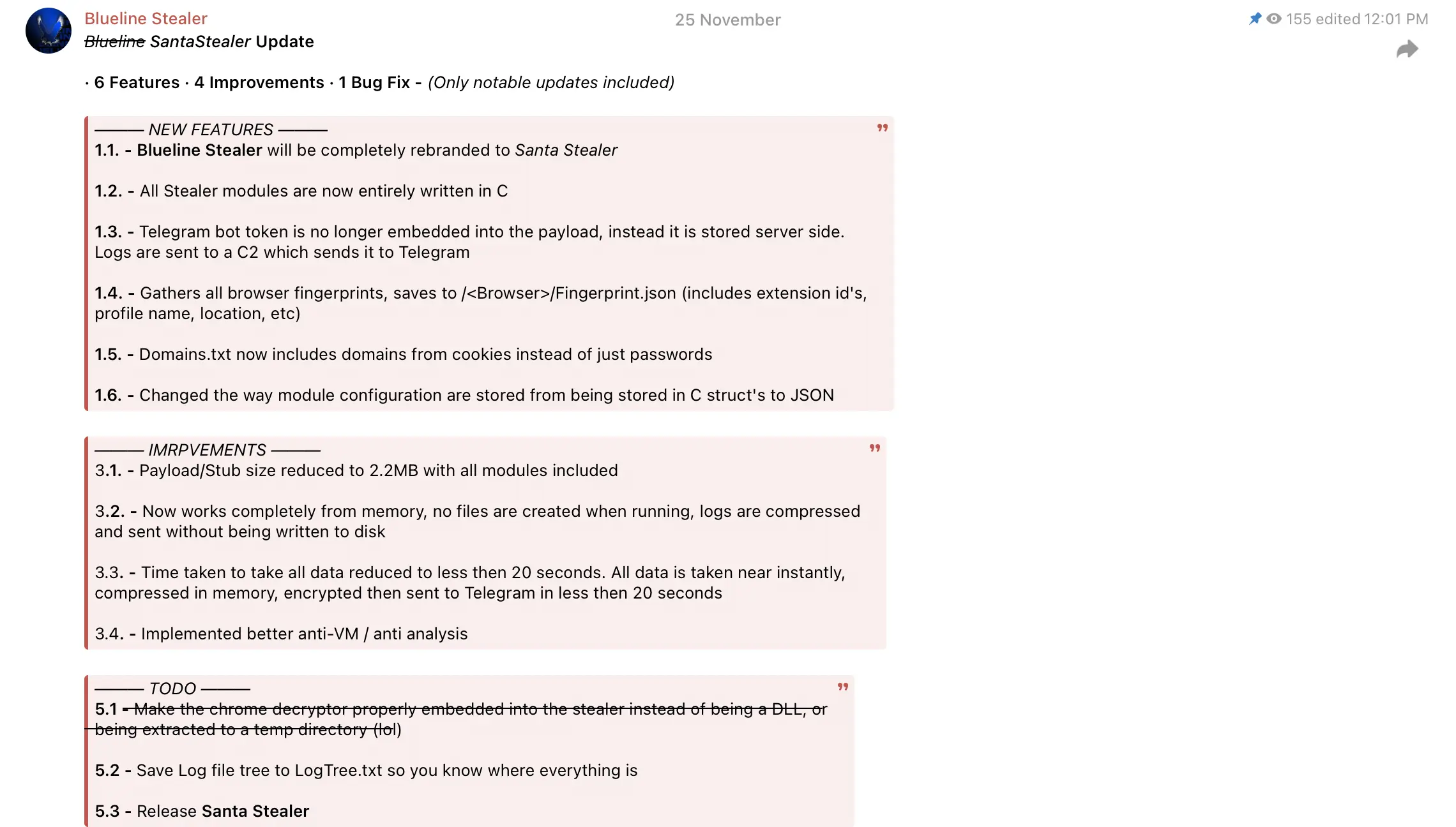 Μήνυμα Telegram από τις 25 Νοεμβρίου που διαφημίζει το μετονομασμένο SantaStealer (Πηγή - Rapid7)