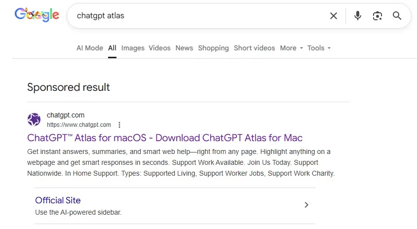 Οι νέες επιθέσεις ClickFix καθώς το macOS Infostealer αξιοποιεί τον επίσημο ιστότοπο ChatGPT από την Piggybacking Ένας σύνδεσμος χορηγίας στα αποτελέσματα αναζήτησης Google οδηγεί σε έναν οδηγό εγκατάστασης κακόβουλου λογισμικού που μεταμφιέζεται ως ChatGPT Atlas για macOS και φιλοξενείται στον επίσημο ιστότοπο ChatGPT (Πηγή - Kaspersky)