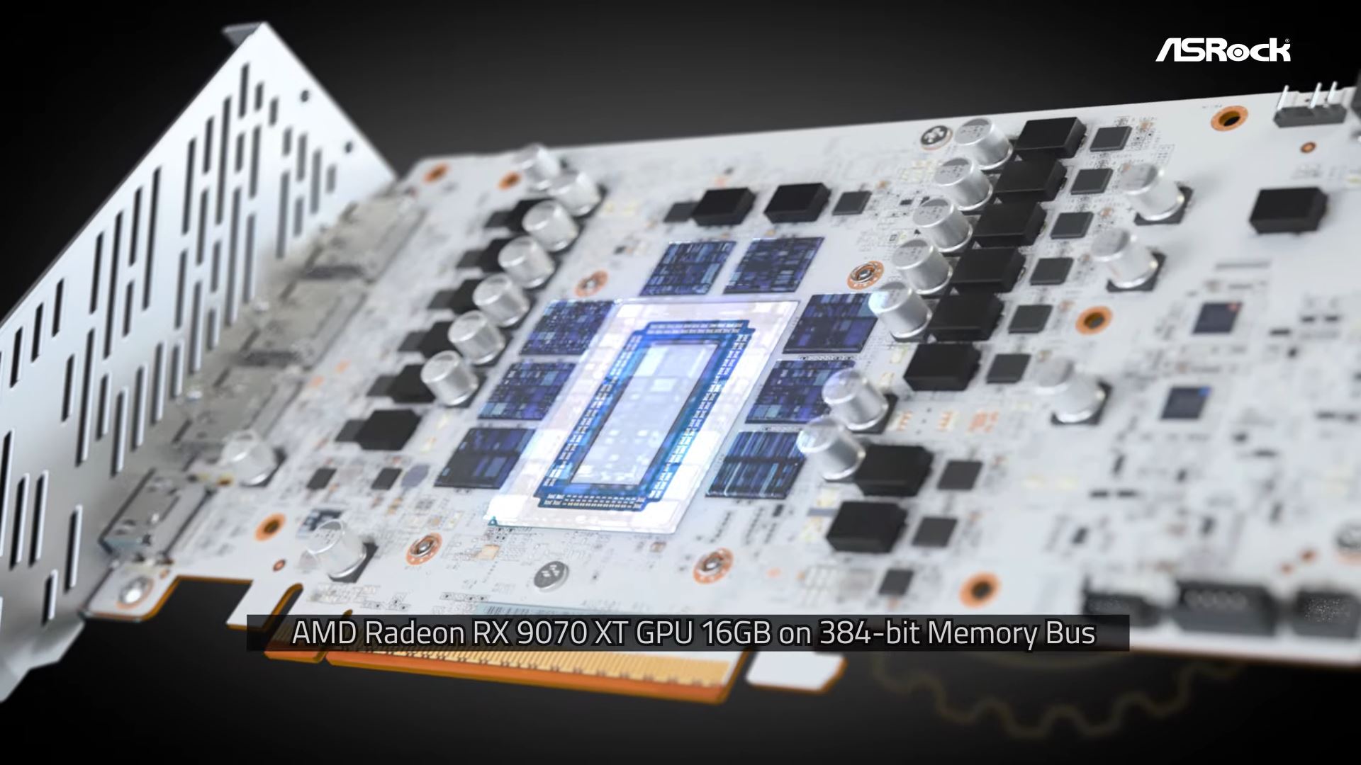 Μια GPU AMD Radeon RX 9070 XT με την επωνυμία ASRock με μνήμη 16 GB εμφανίζεται σε ένα δίαυλο μνήμης 384-bit, με λεπτομερή προβολή των στοιχείων του.