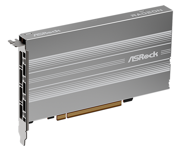 Οι Sapphire, PowerColor και ASRock παρουσιάζουν τις εκδόσεις Radeon AI PRO R9700S και R9600D χωρίς ανεμιστήρα Κάρτα γραφικών ASRock Radeon με ασημί και γκρι σχέδιο, με πολλές θύρες οθόνης στο πλάι.