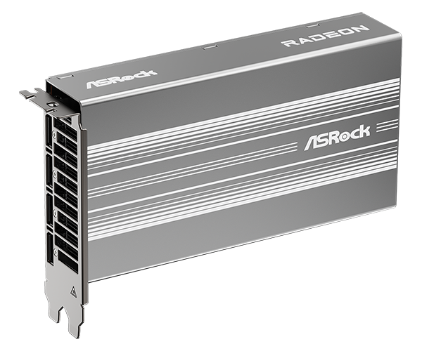 Οι Sapphire, PowerColor και ASRock παρουσιάζουν τις εκδόσεις Radeon AI PRO R9700S και R9600D χωρίς ανεμιστήρα Μια κάρτα γραφικών ASRock Radeon με σχέδιο ασημί και λευκή λωρίδα και εμφανείς αεραγωγούς ψύξης.