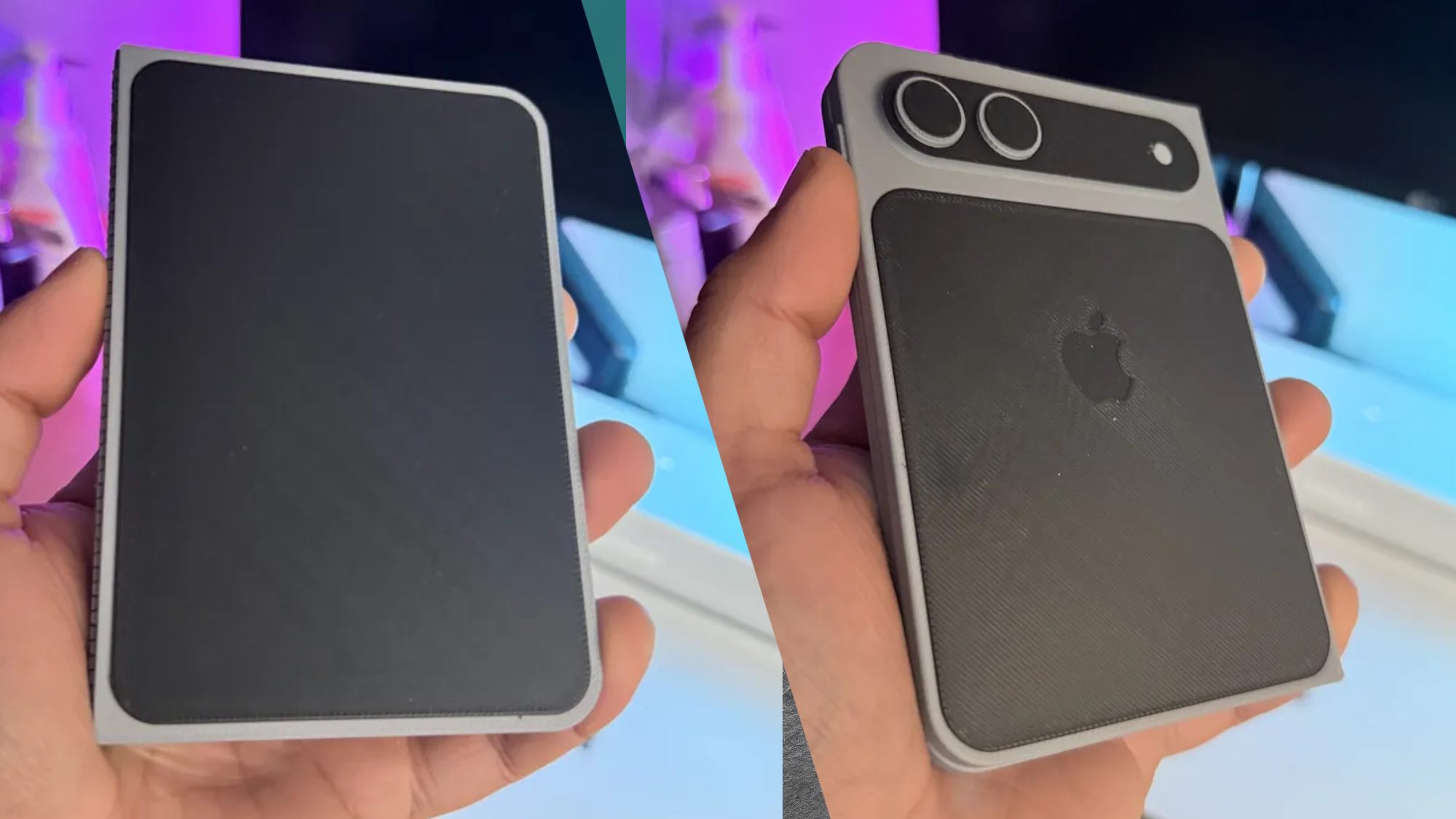 iPhone Fold 3D εκτυπωμένο mockup που δείχνει την μπροστινή οθόνη και το πίσω μέρος της συσκευής