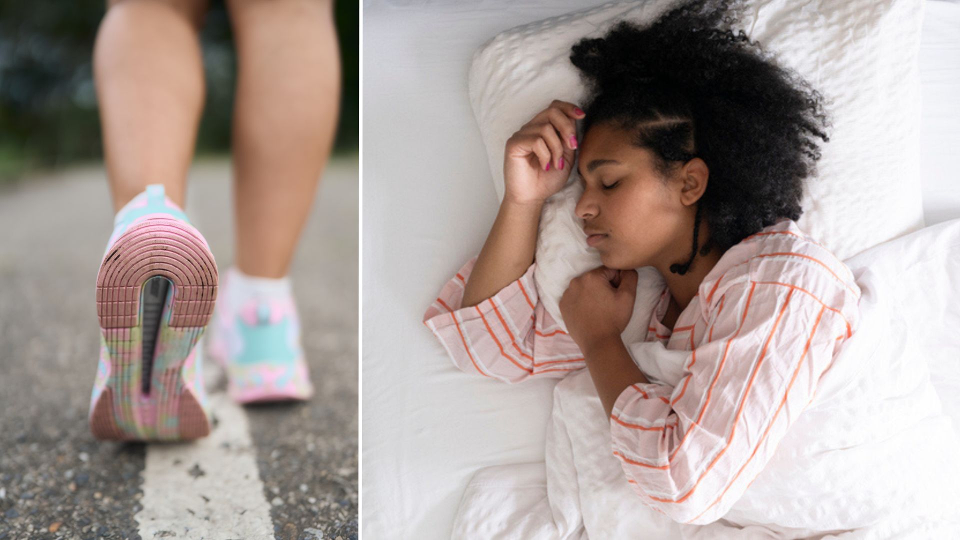 Κοντινό πλάνο της κάτω σόλας ενός προπονητή ενώ περπατά σε σκυρόδεμα (αριστερά). Μια γυναίκα με άφρο μαλλιά που φοράει ροζ πιτζάμες ενώ κοιμάται στο κρεβάτι με λευκά σεντόνια (rght).