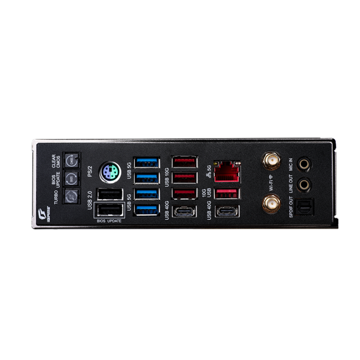 DDR5-10000, οθόνη LCD & 22-φασικό VRM Το πίσω πλαίσιο I/O μιας μητρικής πλακέτας Biostar διαθέτει θύρες USB, θύρες PS/2, θύρες Ethernet, υποδοχές κεραίας Wi-Fi, υποδοχές ήχου και κουμπιά με την ένδειξη «BIOS», «CLEAR», «TURBO» και «UPDATE».