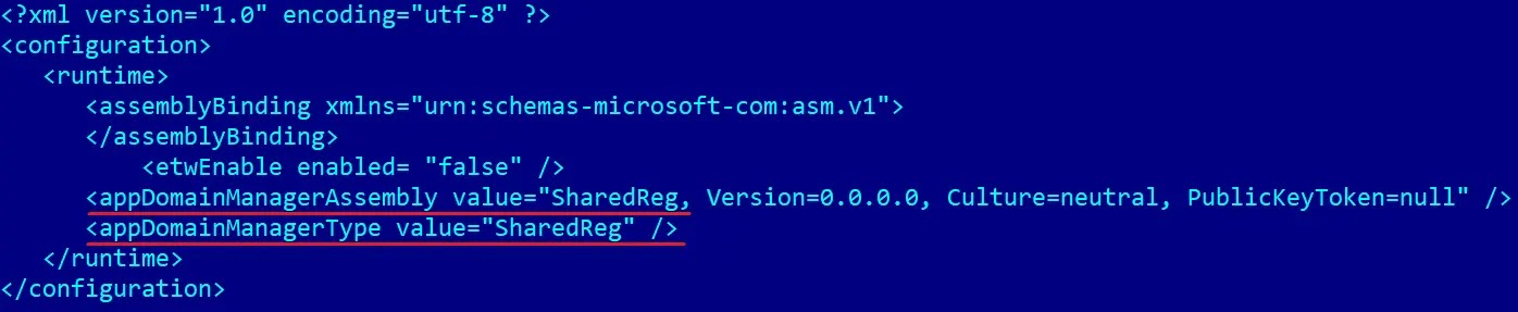 Περιεχόμενο του UevAppMonitor.exe.config με καθορισμένο AppDomainManager (Πηγή - Welivesecurity)