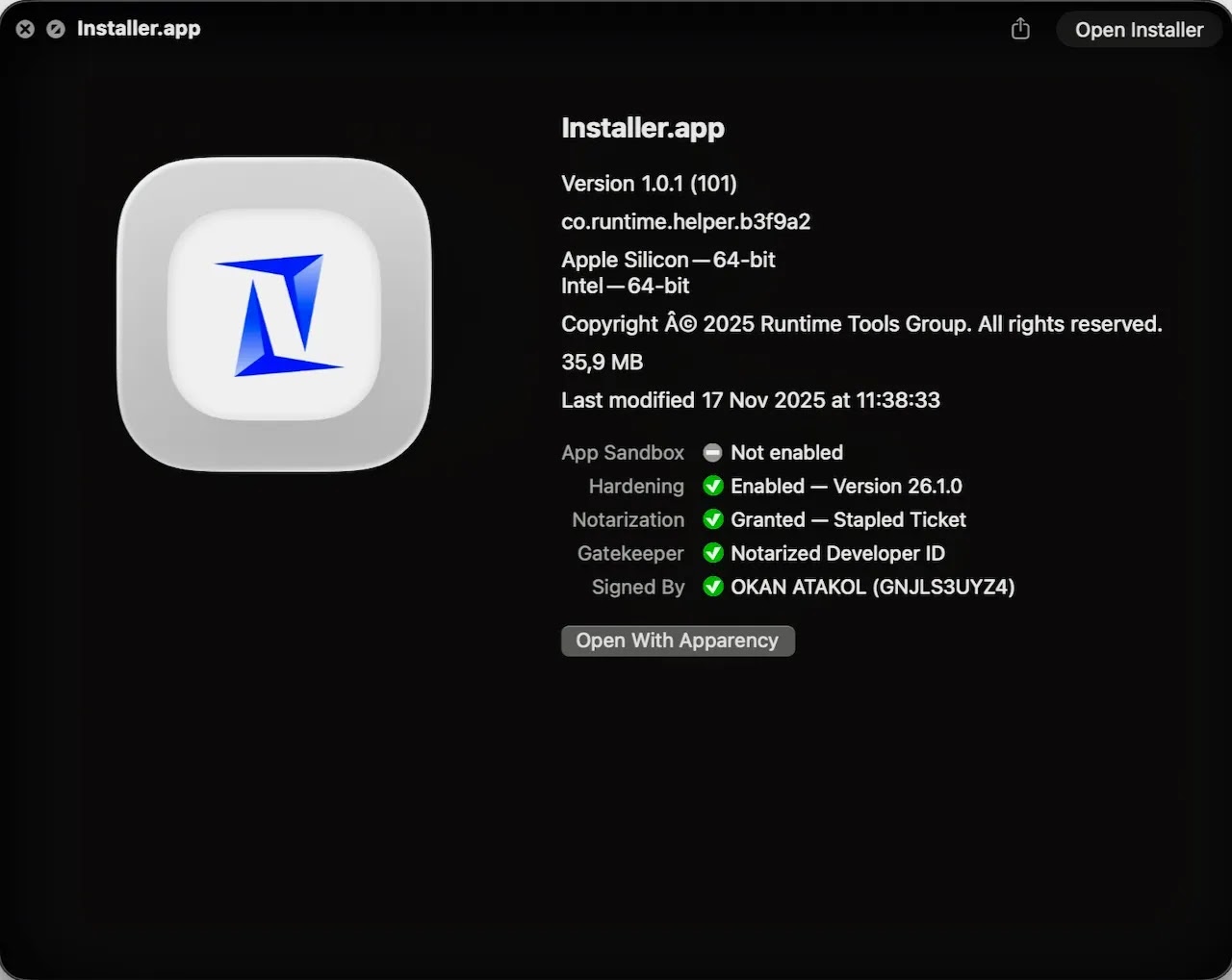 Στοιχεία εγκαταστάτη που δείχνουν συμβολαιογραφικό έλεγχο (Πηγή - Jamf)