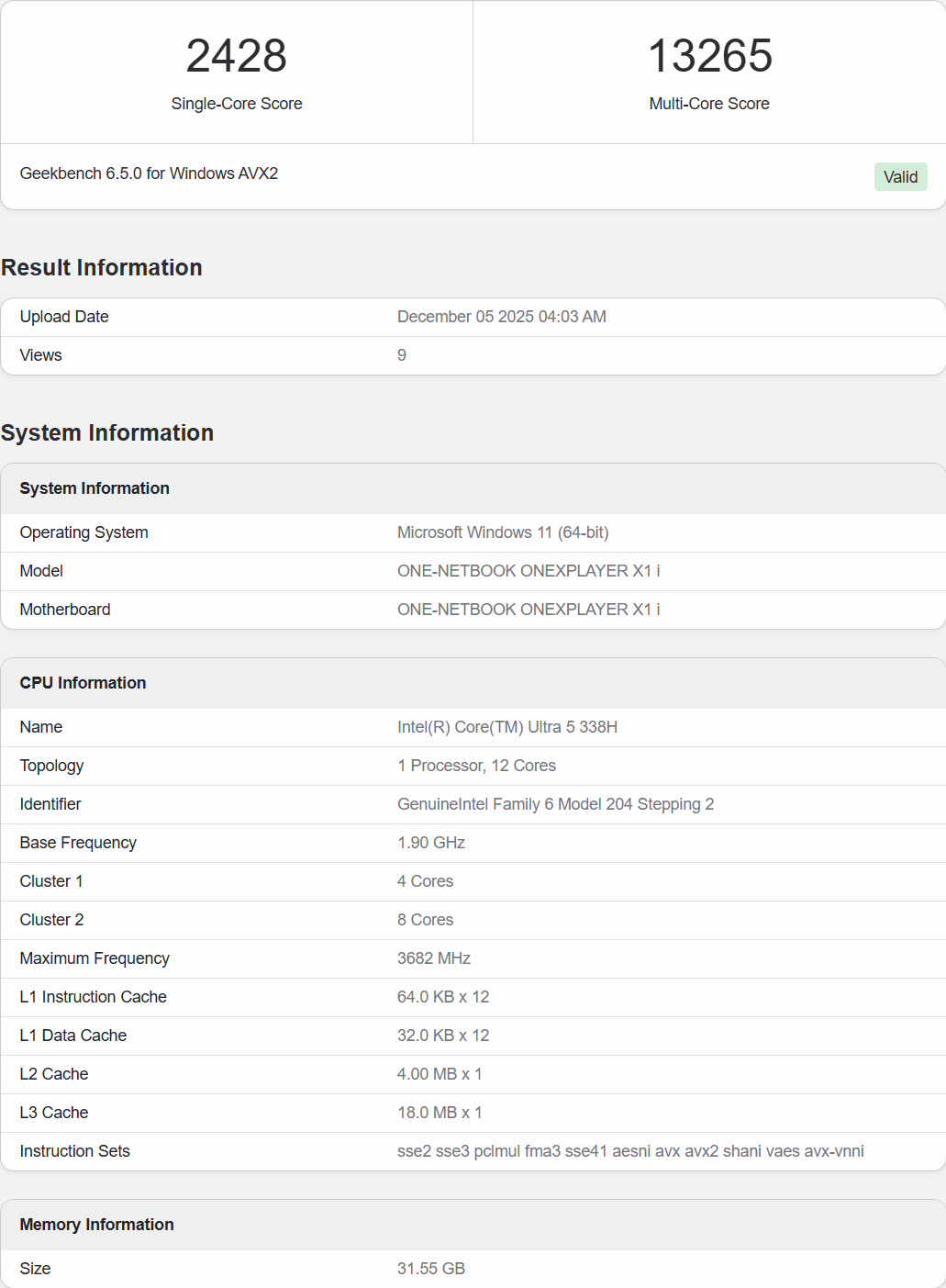 Ένα στιγμιότυπο οθόνης του Geekbench 6.5.0 δείχνει ένα ONE-NETBOOK ONEXPLAYER X1 i με επεξεργαστή Intel Core Ultra 5 338H με βαθμολογία «2428 Single-Core Score» και «13265 Multi-Core Score» στα Windows 11.