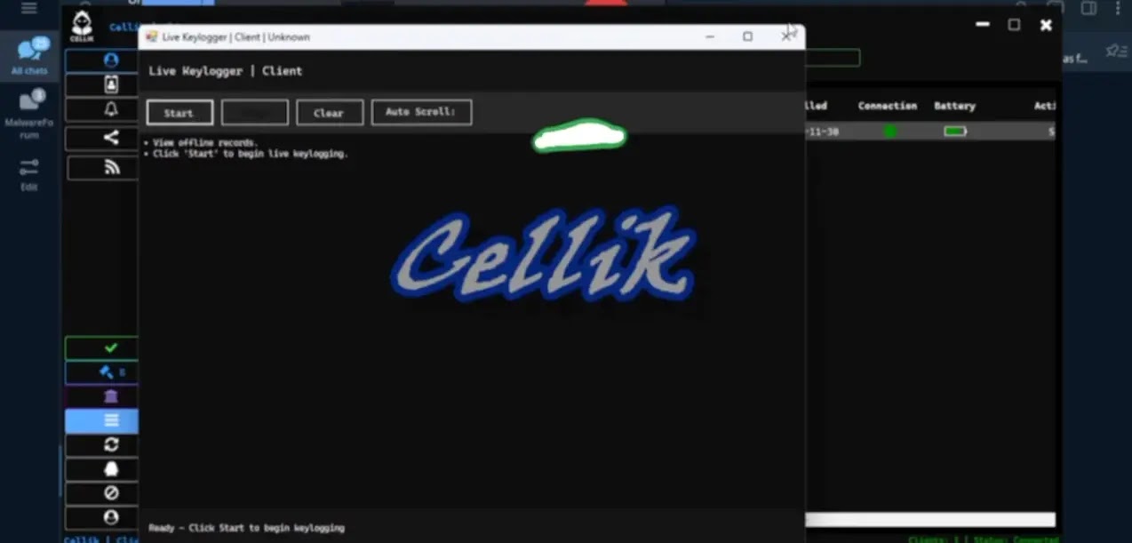 Ζωντανή μονάδα keylogger στον πίνακα ελέγχου Cellik (Πηγή - iVerify)