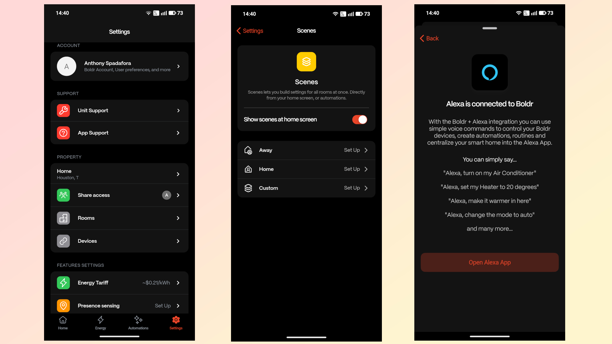 Μια σειρά από στιγμιότυπα οθόνης που δείχνουν το μενού ρυθμίσεων και την ενσωμάτωση έξυπνου σπιτιού στην εφαρμογή Boldr για τη θερμάστρα υπερύθρων Kelvin