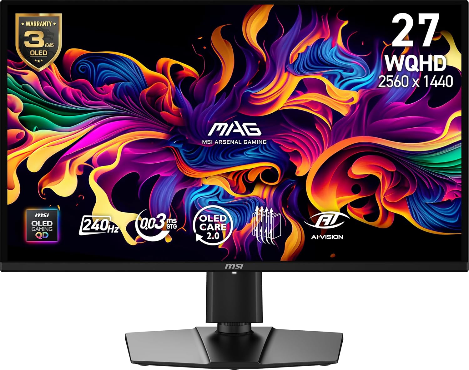 Η MSI λανσάρει την οθόνη MAG 274QP QD-OLED X24 στα 499 $ στο Amazon ΗΠΑ Η οθόνη παιχνιδιών MSI MAG OLED εμφανίζει ζωντανά αφηρημένα έργα τέχνης με σχολιασμούς κειμένου '240Hz', '0,3ms GTG' και '27 WQHD 2560 x 1440'.